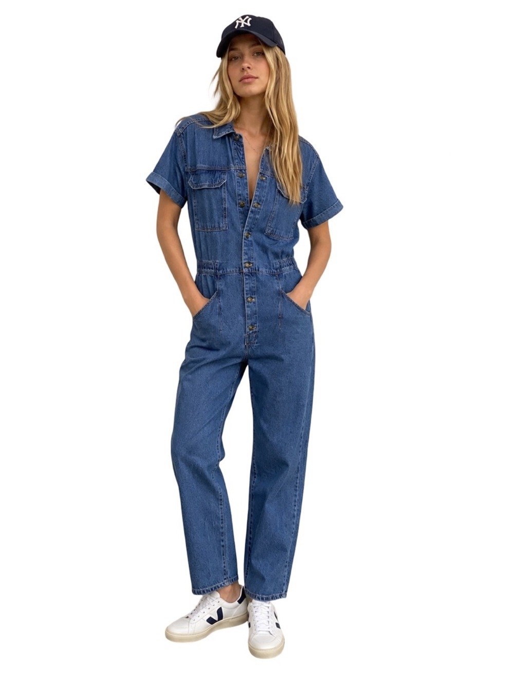 Free People We The Free Marci Denim Jumpsuit Size Large Medium Wash Coverall